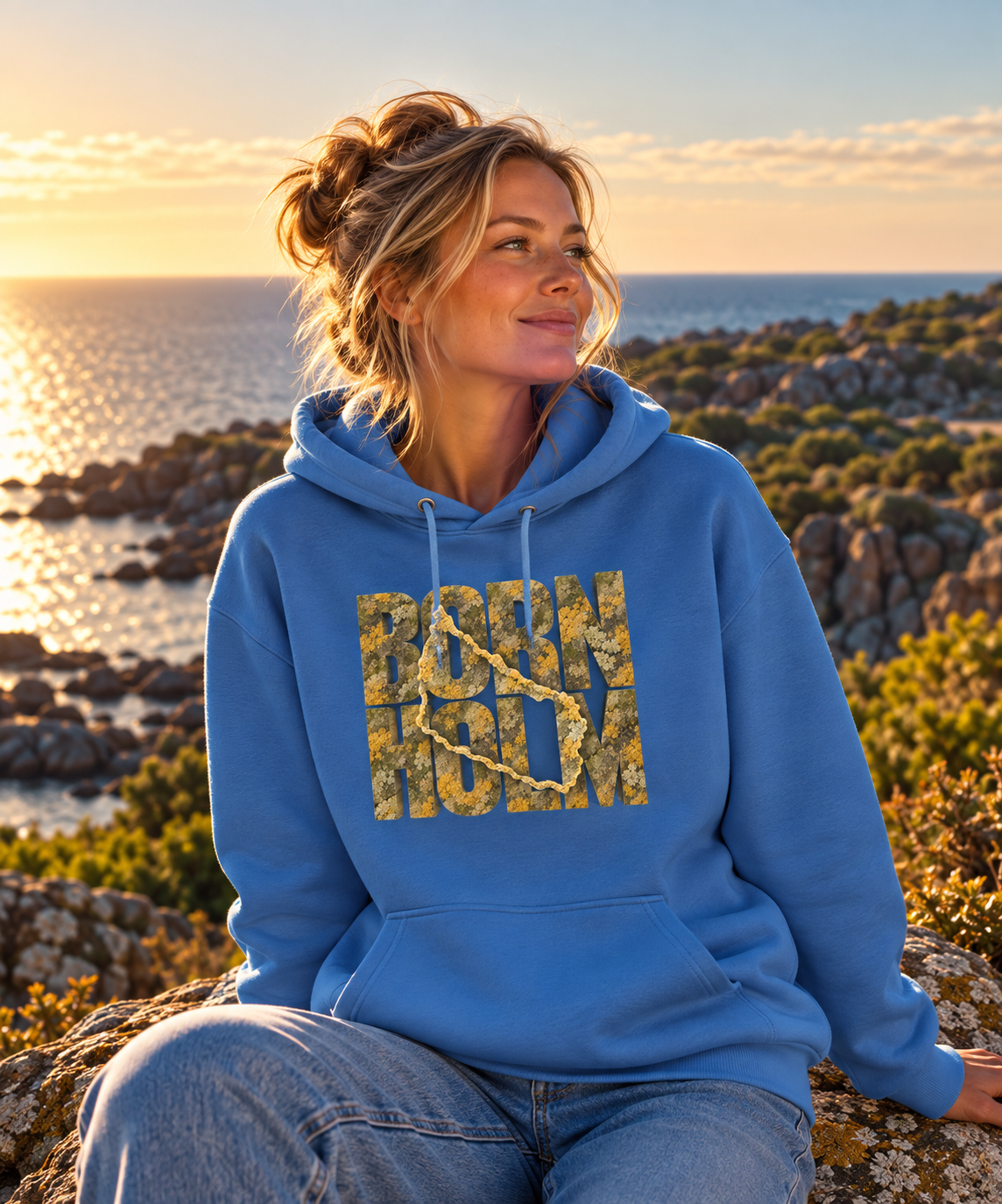 Woman wearing blue Bornholm hoodie by the rocky coast