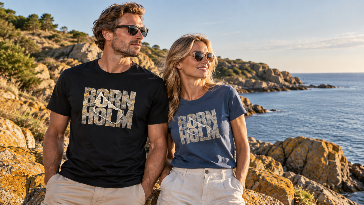 Adult couple wearing Bornholm T-shirts on the rocky Bornholm coast